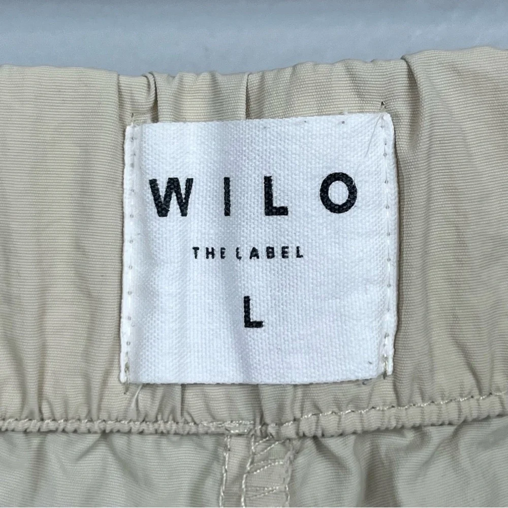 Wilo The Label womens khaki nylon cargo parachute wide leg pants, large.